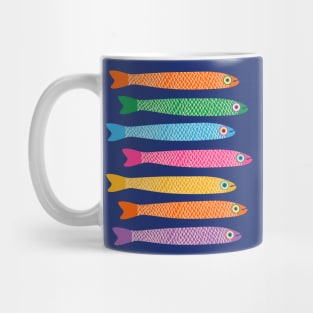 ANCHOVIES Bright Graphic Fun Groovy Fish in Rainbow Colors on Royal Blue - Horizontal Layout - UnBlink Studio by Jackie Tahara Mug